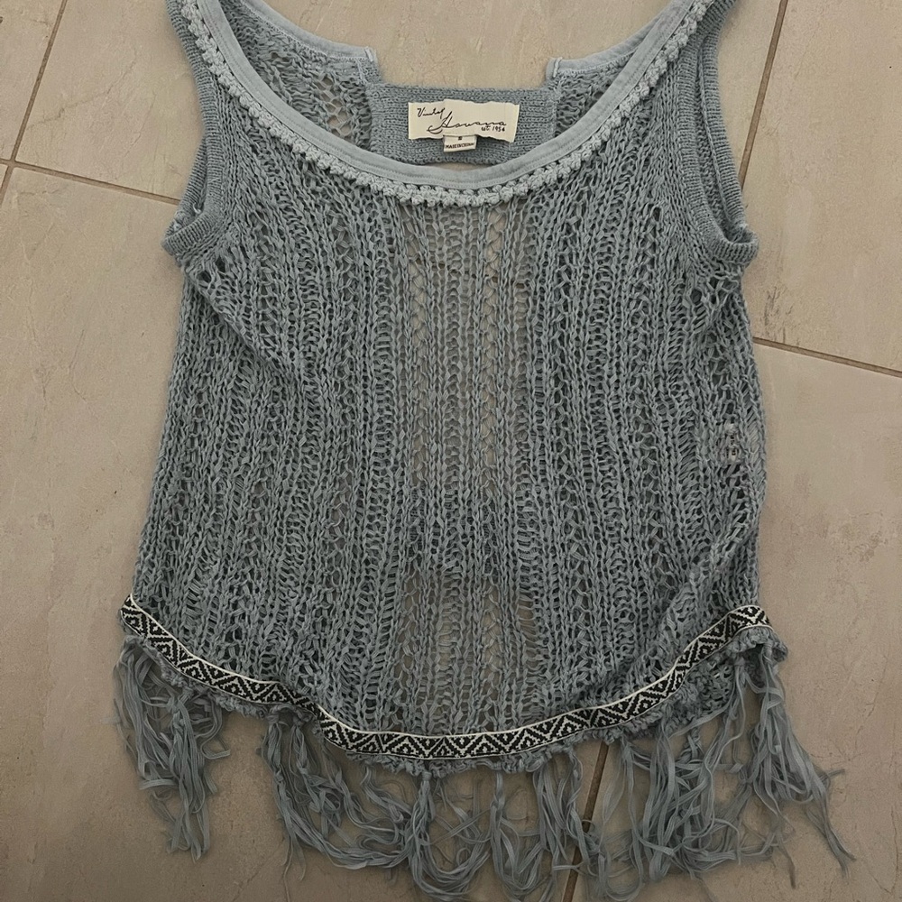 Blue Knit Fringe Tank Top Vintage Havana size small